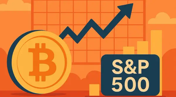 Bitcoin i S&P 500 na wykresie, symbolizujące hossę i bessę. Wzrosty i spadki na rynkach finansowych.