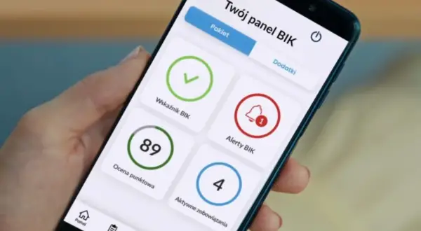 Aplikacja mobilna pokazuje, jak sprawdzić kogoś w BIK. Widoczny wskaźnik BIK, ocena punktowa 89, alerty i aktywne zobowiązania.