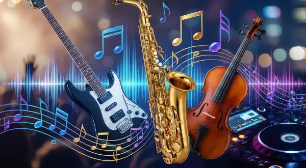Gitara, saksofon i skrzypce symbolizują różne rodzaje muzyki, od rocka po klasykę. Nuty unoszą się w powietrzu, tworząc magiczną atmosferę.
