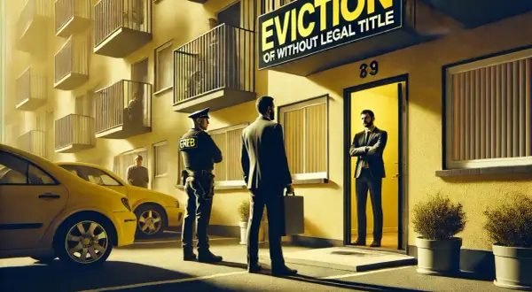 Egzekutorzy przed budynkiem z napisem "EVICTION". Czy można wyrzucić lokatora z mieszkania bez umowy?