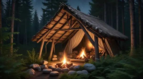 Mysig natt i skogen. Varmt sken från elden i vindskyddet, perfekt för att sova i vindskydd.