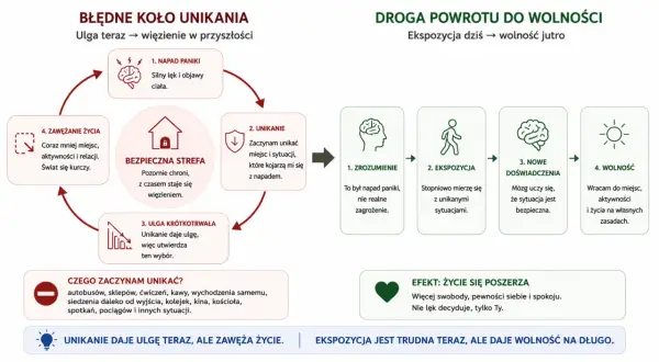 Ilustracja przedstawia dwa schematy: błędne koło unikania i drogę powrotu do wolności.