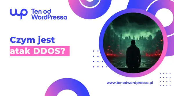 Grafika pyta: "Czym jest atak DDoS?". W tle mroczne miasto i postać w kapturze.