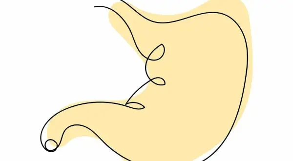 Een abstracte maag, met een dunne zwarte lijn die de vorm schetst. De gele vlek suggereert een gevoel van misselijk door overprikkeling.