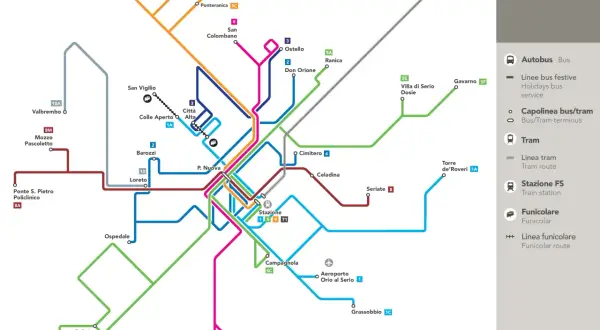 Mapa komunikacji miejskiej Bergamo: linie autobusowe, tramwajowe i kolejki.