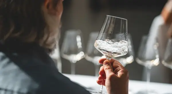 Un uomo assapora un bicchiere di vino bianco altoatesino, con altri calici sullo sfondo.