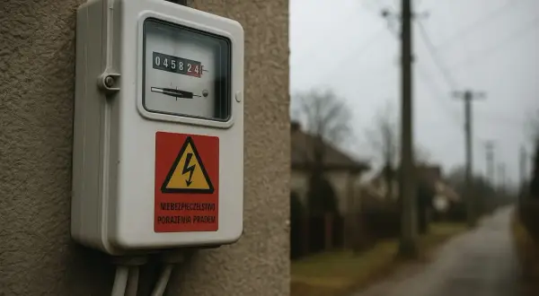 Licznik energii elektrycznej z ostrzeżeniem o porażeniu prądem. Nie wiadomo, po jakim czasie wyłączają prąd w tej okolicy.