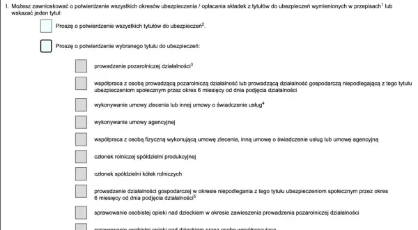Formularz wniosku o potwierdzenie tytułów do ubezpieczeń, w tym umowa zlecenie.