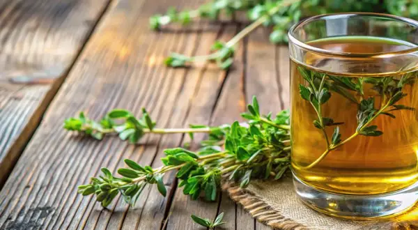 Ein Glas goldener Tee mit Thymianzweigen, ein Beweis für die vielseitige Thymian Verwendung. Frische Kräuter liegen daneben auf rustikalem Holz.