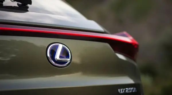 Tylna część Lexusa UX 250h w kolorze oliwkowym. Widoczne logo marki i nazwa modelu. Poznaj lexus ux wymiary.
