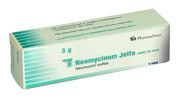 Opakowanie maści do oczu Neomycinum Jelfa 3g, zawierającej neomycyny siarczan. Przechowywać w miejscu niedostępnym dla dzieci.