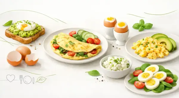 Różnorodne dania z jajek: omlet, jajecznica, jajka na twardo, jajko w koszulce na grzance.