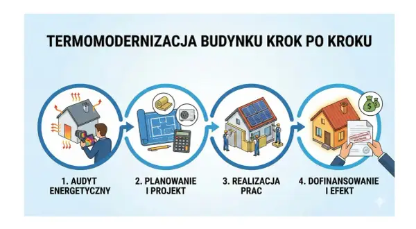 Proces termomodernizacji: audyt energetyczny, planowanie, realizacja prac i dofinansowanie.