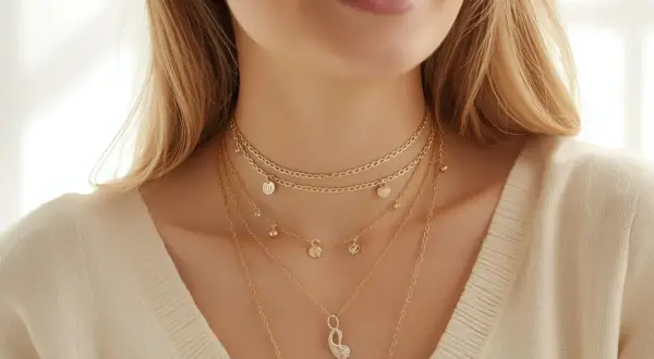Uśmiechnięta kobieta w beżowym swetrze nosi kilka złotych naszyjników, w tym jeden z zawieszką w kształcie łzy, który działa jak przedłużka.