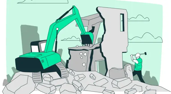 Escavatore demolisce edificio. Lavoratore con martello. Scadenza durata permesso di costruire 5 anni.
