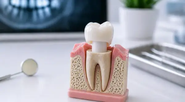 Model zęba z koroną, pokazujący złamany ząb przy korzeniu. W tle RTG zęba i narzędzia dentystyczne.