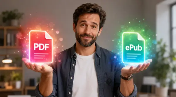Un homme présente un PDF rouge et un ePub vert, symbolisant la version numérique définition.