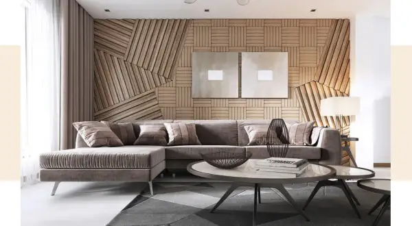 Moderne Wohnzimmer streichen Ideen: Gemütliche Sofagruppe vor einer Wand aus Holzlamellen mit zwei quadratischen Bildern.