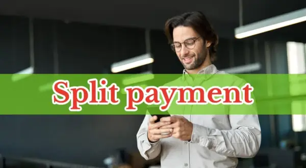 Uśmiechnięty mężczyzna z okularami korzysta z telefonu, a na zielonym tle widnieje napis "Split payment".