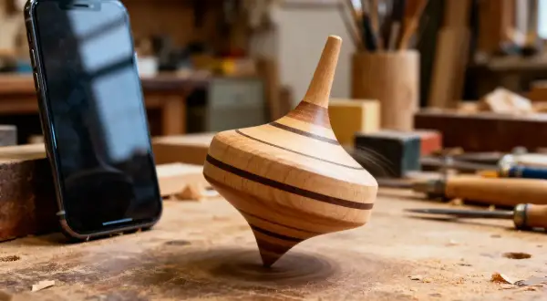 Une toupie en bois tourne sur un établi, à côté d'un smartphone. Un artisan a créé cette machine toupie.