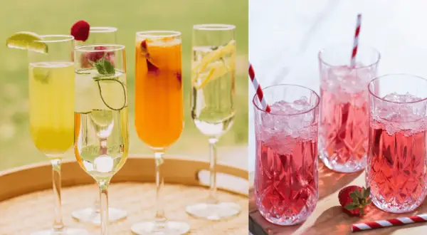 Flera glas med bubbliga drinkar, en juldrink med prosecco, garnerade med frukt och gurka. Till höger, rosa drinkar med krossad is och jordgubbar.
