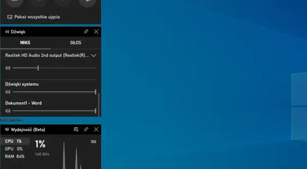 Widok zrzutu ekranu Windows z panelami Ujęcie, Dźwięk i Wydajność.