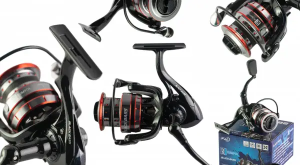 Elegancki kołowrotek do bolonki Black Bass, z metalową szpulą i czarnym korpusem, idealny na ryby.