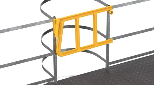 Żółta, metalowa bramka samozamykająca zamontowana na balustradzie przy wejściu na platformę roboczą.