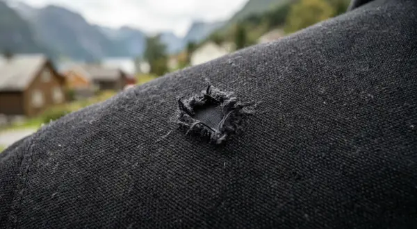 Ett hål i en svart dunjacka, redo för en lagningslapp. I bakgrunden syns norska fjordar och hus.