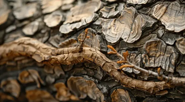 Gros plan sur l'écorce texturée d'un orme, prête pour le bois de chauffage. Des bourgeons timides annoncent le printemps.