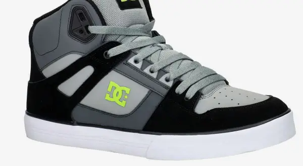 Buty skate DC pure w kolorze szaro-czarnym z neonowo-zielonym logo. Idealne na deskorolkę.