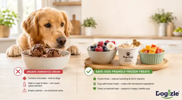 Golden retriever looks at chocolate ice cream, while dog-safe frozen treats are presented as a healthy alternative. Can dogs eat ice cream? This image shows why human ice cream is unsafe.