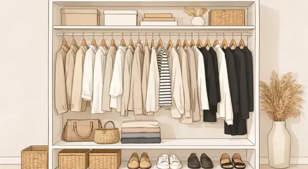 Ordentliche Garderobe mit Kleidern in neutralen Tönen, perfekt für ein Capsule Wardrobe auf Deutsch. Darunter Körbe, Taschen und Schuhe.