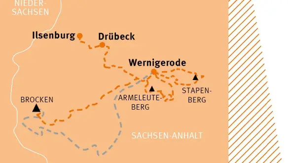 Karte zeigt Wanderrouten um Wernigerode, mit Stationen wie Ilsenburg, Brocken und Sachsen-Anhalt.