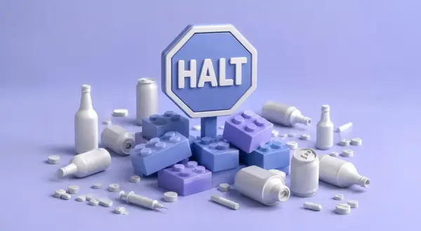 Znak "HALT" otoczony klockami, butelkami, puszkami i pigułkami. To symboliczny program halt, który wzywa do zatrzymania.