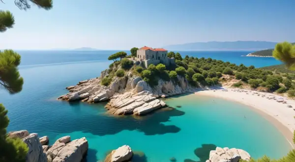 En pittoresk vik med turkost vatten och en sandstrand på Halkidiki, Grekland. En gammal byggnad tronar på en klippa vid havet.