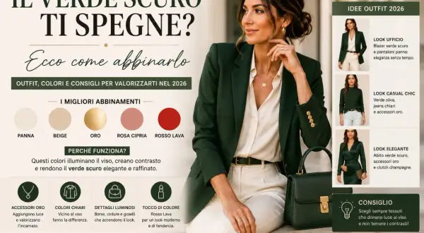 Donna con blazer verde scuro, camicia panna e pantaloni chiari. Scopri come abbinare il verde bottiglia per un look elegante e di tendenza.