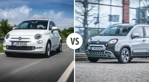 Porównanie białego Fiata 500 i szarego Fiata Panda Cross. Sprawdź fiat 500 wymiary i porównaj z Pandą.