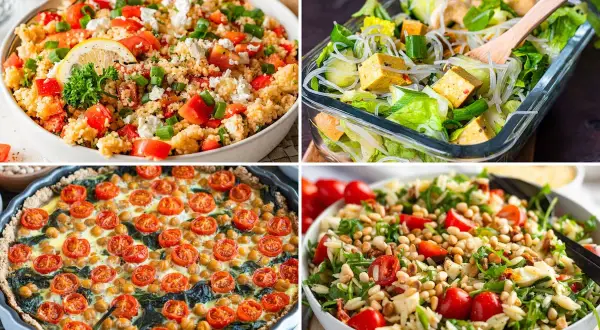 Vier leckere Gerichte: Couscous-Salat, Tofu-Nudelsalat, Quiche mit Tomaten und Kichererbsen, Orzo-Salat. Perfekt als kaltes Mittagessen zum Mitnehmen.