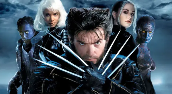Wolverine z pazurami na pierwszym planie, a za nim inni mutanci: Nightcrawler, Storm, Rogue i Mystique. Zapowiedź filmu o mutantach.