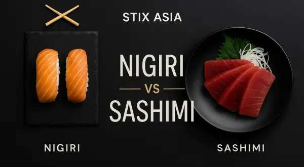 Nigiri mit Lachs auf Reis vs. Sashimi aus Thunfisch. Ein visueller Vergleich von Nigiri vs. Sashimi.