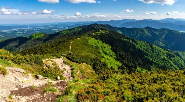 Widok z **przełęczy Karkoszczonka** na zielone, zalesione góry i błękitne niebo z chmurami. Szlak turystyczny wije się po zboczu.