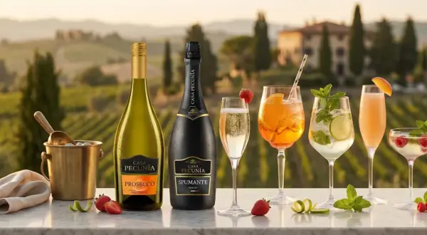 Casa Pecunia Prosecco Frizzante i koktajle na tle winnic. Frizzante to lekko musujące wino, idealne na letnie wieczory.
