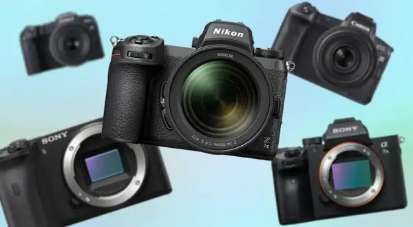 Kolekcja nowoczesnych bezlusterkowców: Nikon Z7 II, Sony Alpha 7 III, Sony Alpha 7 II i Canon EOS R.