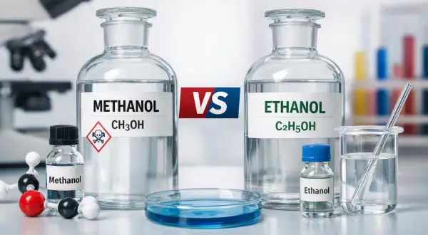 Dwie butelki z odczynnikami: metanol (CH₃OH) z symbolem zagrożenia i etanol (C₂H₅OH). W tle mikroskop i probówki.