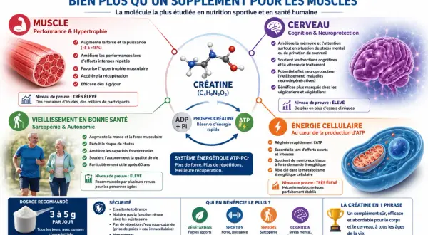 La créatine, une molécule aux multiples bienfaits, sert à améliorer la force musculaire, la cognition et l'énergie cellulaire.