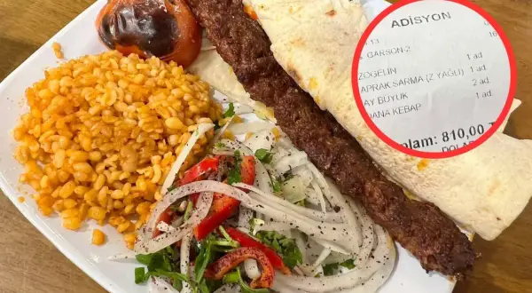 Talerz z daniem: długi, grillowany szaszłyk, ryż, sałatka z cebuli i papryki, pieczony pomidor. Na rachunku widać, co jest w kebabie: adana kebab.
