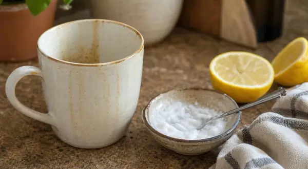 Una tazza, una ciotola con bicarbonato e limone, ingredienti per lucidare marmo con bicarbonato e ottenere una superficie brillante.
