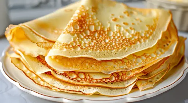 En hög med gyllene, tunna plättar på en vit tallrik. Perfekt för att lära sig hur gör man plättar till frukost eller fika.