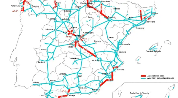 Carte des autoroutes et voies rapides en Espagne. Idéal pour planifier un voyage en Espagne en voiture, avec distinction des routes à péage (rouge) et gratuites (bleu).